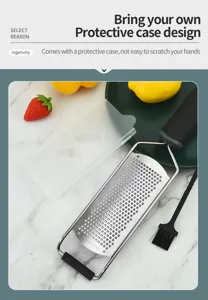 Stainless steel cheese grater with protective case and cleaning brush for kitchen use.