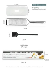 Ensemble de râpe à citron et fromage en acier inoxydable avec couvercle et brosse de nettoyage.