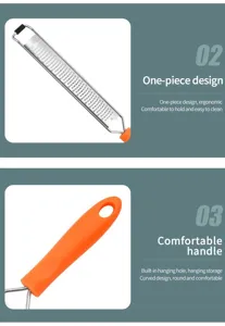 Stainless steel cheese grater detail showing ergonomic one-piece design and comfortable orange handle.
