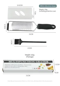 Stainless steel lemon zester and cheese grater with protective cover and cleaning brush 31cm