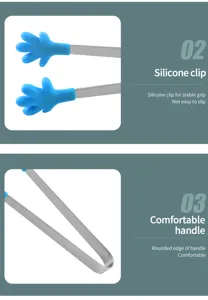 Mini stainless steel food clip with blue silicone hand-shaped head for ice and sugar cubes.