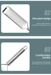 Détail de râpe à fromage en acier inoxydable, design monobloc avec poignée confortable.