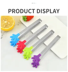 Stainless steel mini food tongs with colorful silicone hand-shaped tips for ice cubes and sugar