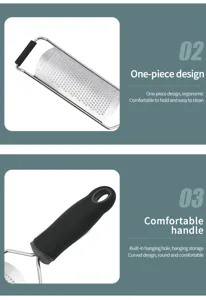 Stainless steel cheese grater lemon zester with ergonomic handle and hanging hole for kitchen.