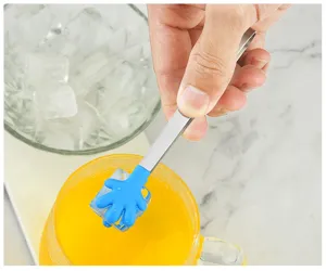 Stainless steel mini ice tong with cute blue silicone hand head for coffee, bar, and kitchen use.