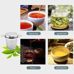 Stainless steel tea infuser with double handles and fine mesh filter for loose leaf tea.
