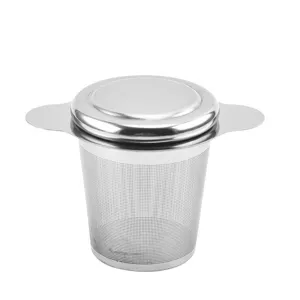 Stainless steel tea infuser with double handles and lid for loose leaf tea filtering.