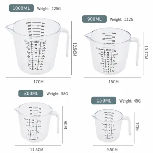 Set di misuratori in plastica trasparente con manico graduato, 1000ml 900ml 300ml 150ml cucina.