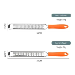 Stainless steel lemon zester and cheese grater with orange handle for kitchen use 34cm.