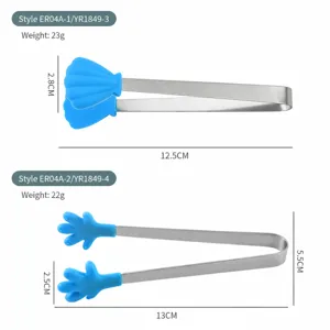 Stainless steel silicone mini food ice tongs with shell and hand shapes size specification.
