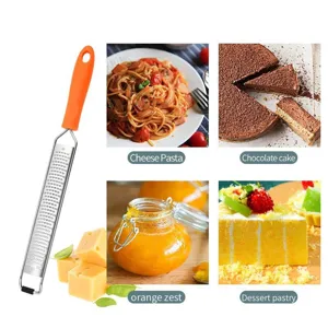 Stainless steel cheese grater and lemon zester with orange handle for kitchen use.