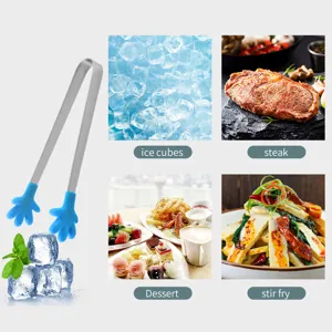 Mini stainless steel ice tongs with cute blue silicone hand tips for kitchen food and ice.