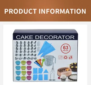 Kit de decoration de gateau 63pcs avec douilles en acier et poche a douille silicone.