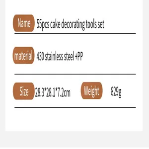 Especificaciones detalladas del juego de herramientas para decorar pasteles con medidas.