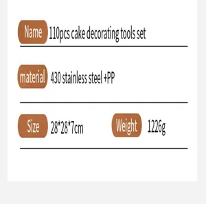 110pcs cake decorating tools set, 430 stainless steel and PP material, size 28x28x7cm.