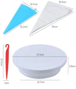 Imagen de detalle de las dimensiones del plato giratorio para tartas y mangas pasteleras de repostería.