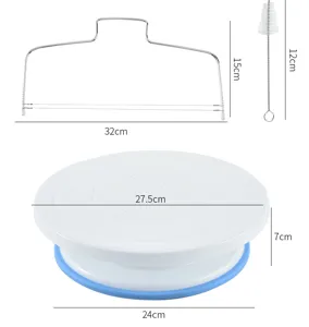 Cake turntable and wire leveler set with dimension details for home baking and cake decorating.