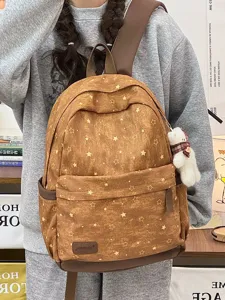 Brauner Vintage-Rucksack mit Sternenmuster für Schüler und süßem weißen Bärenanhänger