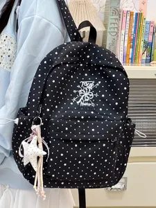Schwarzer Schulrucksack mit Sternen- und Punktemuster und Plüschstern-Anhänger