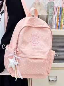 Exquisiter rosa Schulrucksack mit weißen Sternenmustern und süßen Stickereien