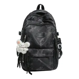 Stylish black tie-dye school backpack with multi-layer storage and fluffy rabbit pendant