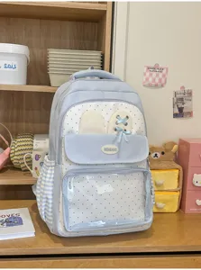 Zaino da studente a pois blu chiaro kawaii con finestra frontale trasparente per spille
