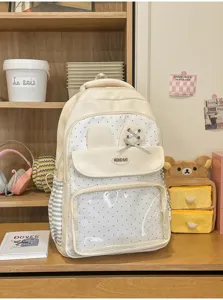 Vista frontale dello zaino scolastico a pois color crema con finestra in PVC trasparente