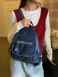 Vintage washed denim multi-functional backpack and chest bag for women casual style