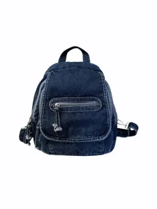 Vintage washed denim multi-functional backpack for women on plain white background.