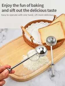 Stainless steel ball flour sifter with telescopic handle for easy baking and pastry dusting.