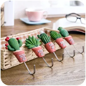 Cactus wall hooks set resin plant decorative hangers for home kitchen door and wall decor