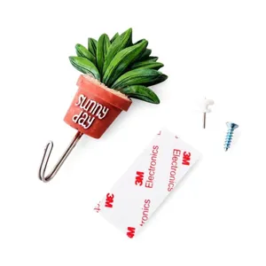 Potted cactus wall hook with stainless steel hook, adhesive backing and mounting screws.