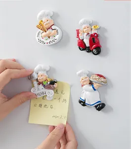 Cute cartoon chef fridge magnets detail view, 3D resin magnetic stickers for memo boards.