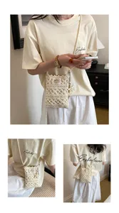 Detail views of a hand-knitted crochet phone crossbody bag in cream white