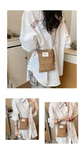 Lifestyle shots of a hand-knitted hollowed-out straw mobile phone crossbody bag