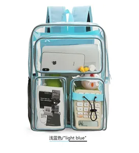 Transparenter PVC-Rucksack in Hellblau mit mehreren Taschen für Schulmaterialien