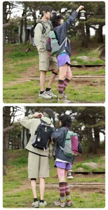 Rear and side view of two models wearing outdoor hiking backpacks in a forest setting.