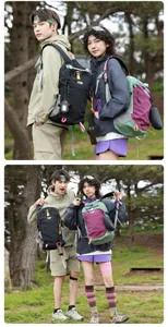 Outdoor lifestyle shot of hikers carrying color-block nylon travel backpacks in a forest.