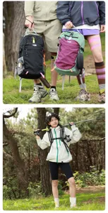 Asian model posing with a hiking backpack in a forest for outdoor travel detail