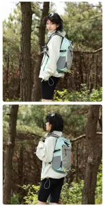 Professional outdoor lifestyle view of color-block nylon backpack for hiking and travel.