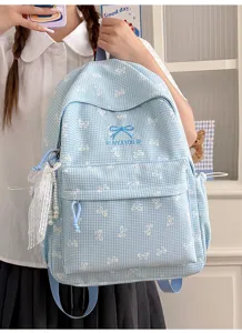 Sac à dos Harajuku bleu à carreaux avec broderie nœud et porte-clés perle et dentelle