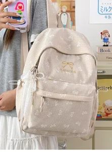Sac à dos d'écolier mignon style Harajuku japonais à carreaux avec broderie de nœuds