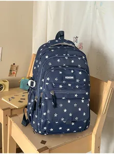 Navy blue star pattern backpack for students with multiple compartments and KEKEMI logo