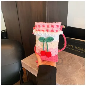 Handgestrickte Handy-Umhängetasche mit Kirschmotiv in Pink und Weiß für Damen und Mädchen