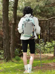 Professional outdoor hiking nylon color-block backpack shown in a natural forest setting