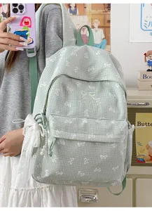 Sac à dos d'école vichy vert kawaii avec broderies de nœuds et breloque en perles de dentelle