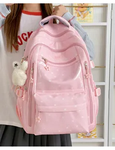 Sac à dos d'école rose avec motif étoilé et joli porte-clé ours en peluche détaillé