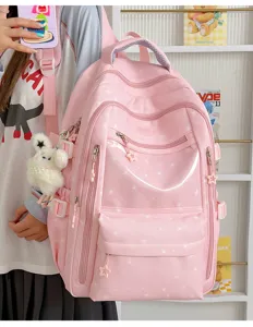 Sac à dos d'école rose pour fille avec motifs d'étoiles et breloque lapin en peluche