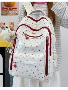 Sac à dos scolaire blanc à étoiles rouges pour filles, grande capacité et très léger