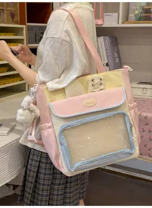 Sweet Japanese style pastel canvas ita bag with clear window and plush bunny keychain